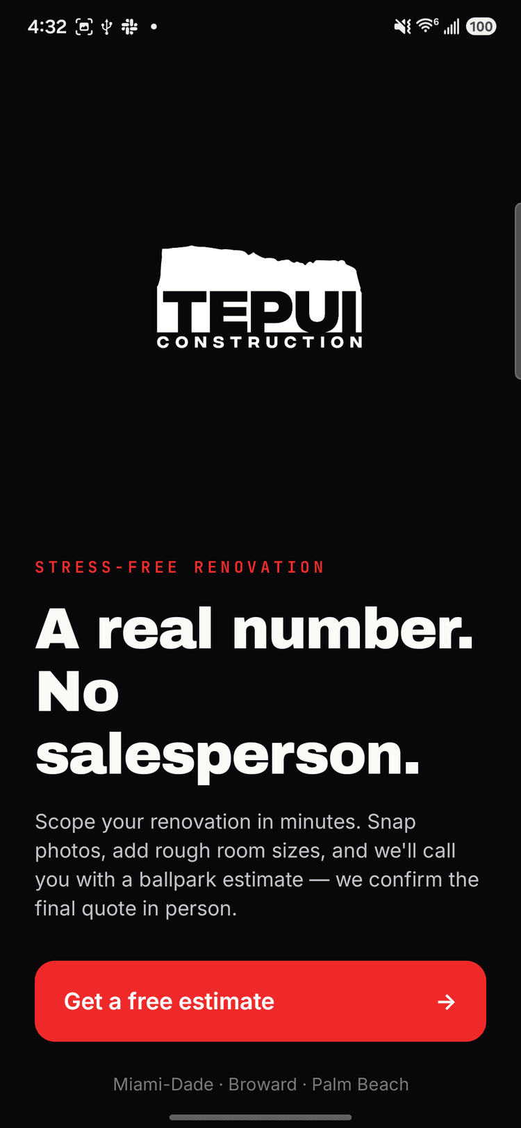 Tepui app welcome screen — a real number, no salesperson